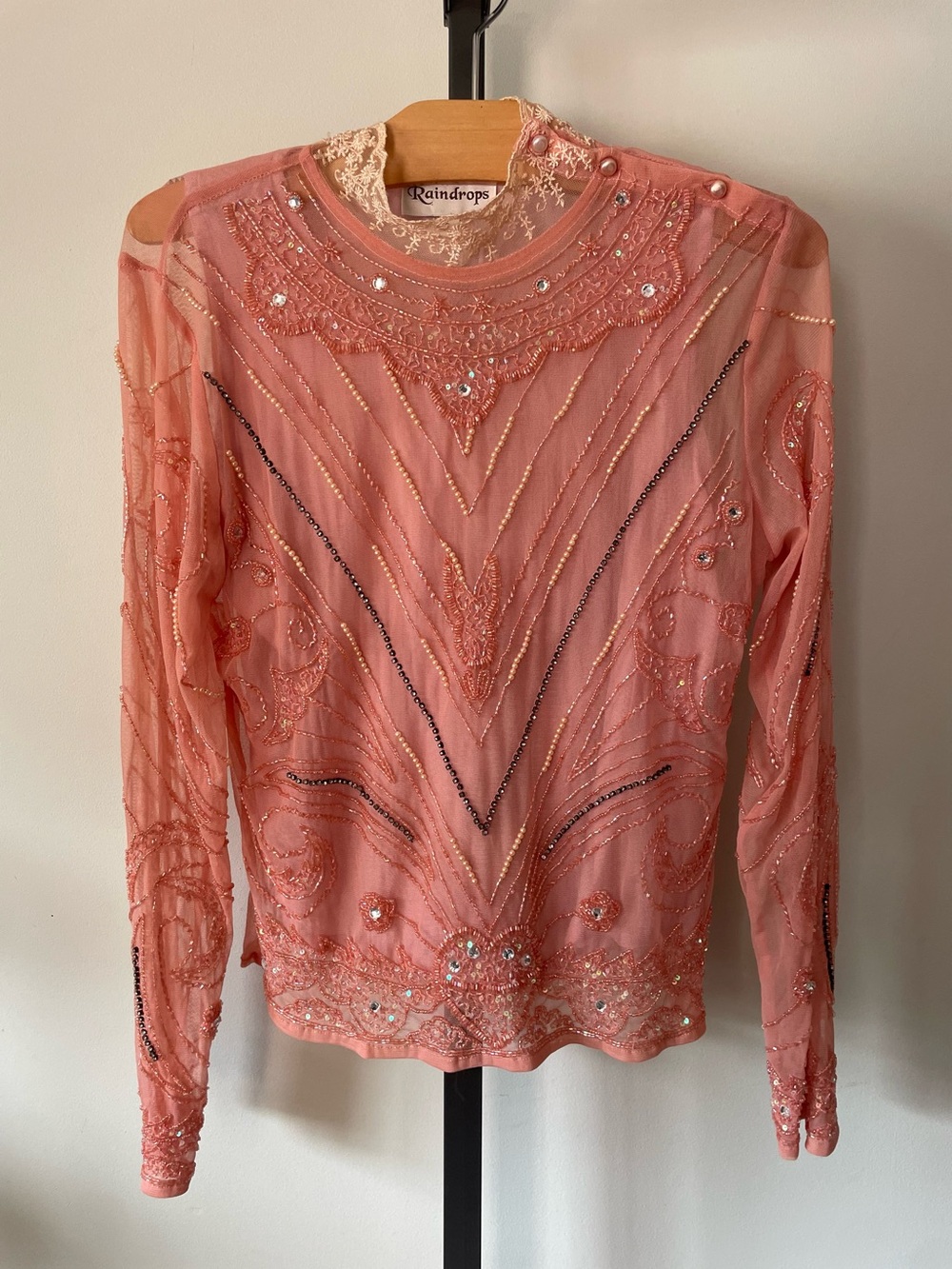 90s Vintage Raindrops Beaded Sequin Lace Mesh Pearl Embellished Blouse Top Pink